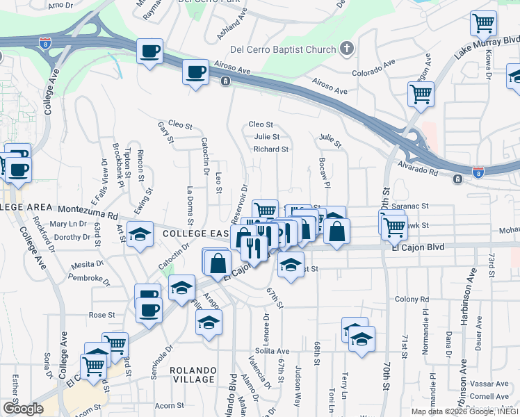 map of restaurants, bars, coffee shops, grocery stores, and more near 5040 1/2 67th Street in San Diego