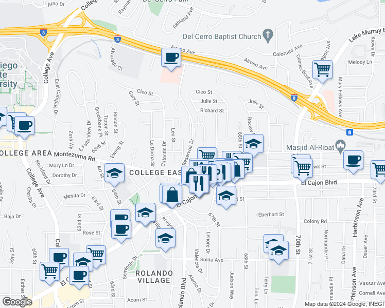 map of restaurants, bars, coffee shops, grocery stores, and more near 6614 Reservoir Court in San Diego