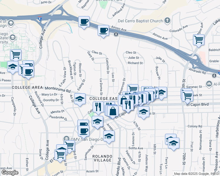 map of restaurants, bars, coffee shops, grocery stores, and more near 5075 Leo Street in San Diego