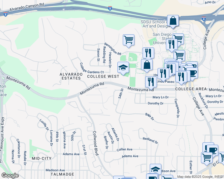 map of restaurants, bars, coffee shops, grocery stores, and more near 5056 Faber Way in San Diego