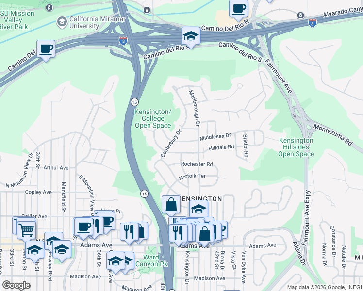 map of restaurants, bars, coffee shops, grocery stores, and more near 4076 Hilldale Road in San Diego