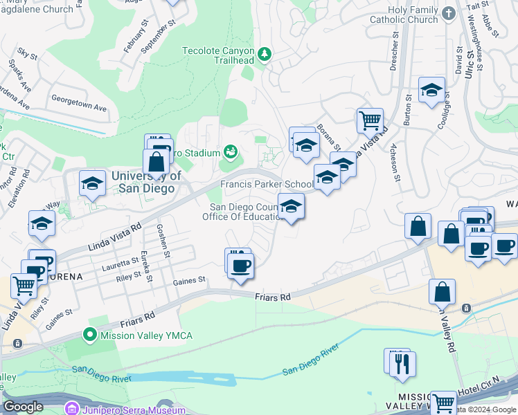 map of restaurants, bars, coffee shops, grocery stores, and more near 6367 Caminito Andreta in San Diego