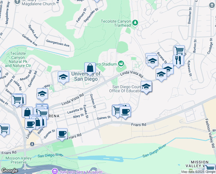 map of restaurants, bars, coffee shops, grocery stores, and more near 5935 Linda Vista Road in San Diego