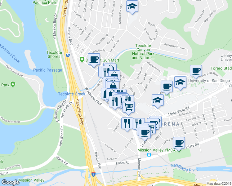 map of restaurants, bars, coffee shops, grocery stores, and more near 1248 Dorcas Street in San Diego