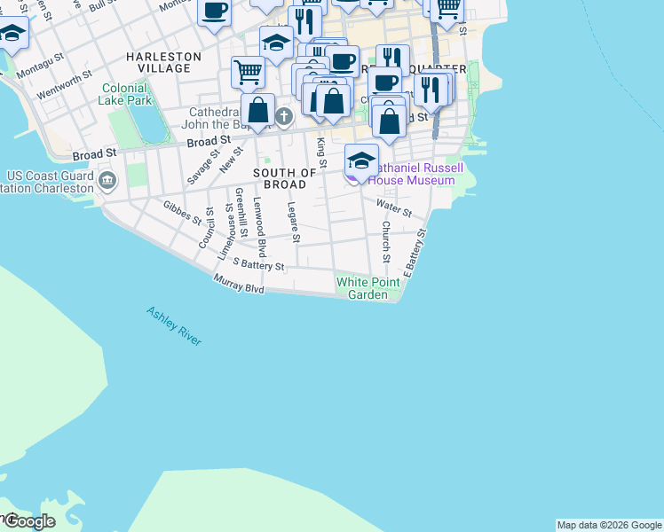 map of restaurants, bars, coffee shops, grocery stores, and more near 36 South Battery in Charleston