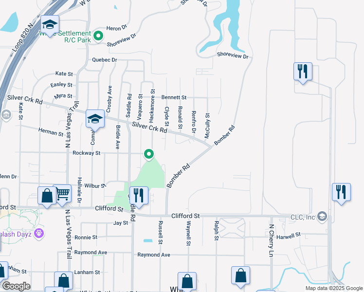 map of restaurants, bars, coffee shops, grocery stores, and more near 8117 Foxfire Lane in White Settlement