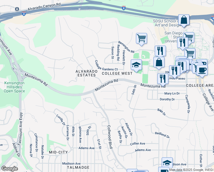 map of restaurants, bars, coffee shops, grocery stores, and more near 5201 Joan Court in San Diego