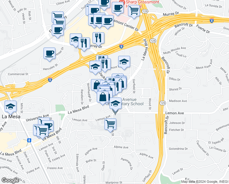 map of restaurants, bars, coffee shops, grocery stores, and more near 8772 La Mesa Boulevard in La Mesa