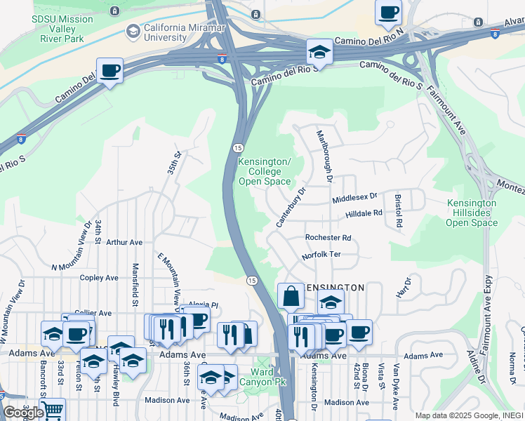 map of restaurants, bars, coffee shops, grocery stores, and more near 4027 South Hempstead Circle in San Diego