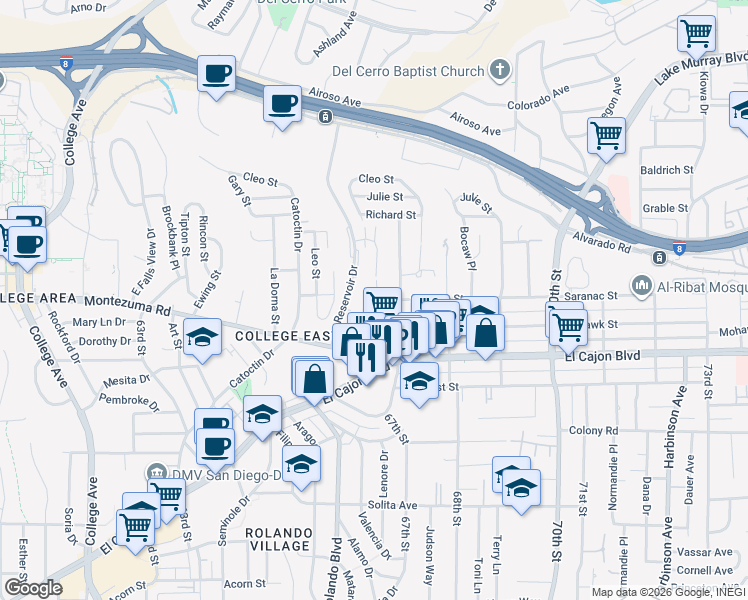 map of restaurants, bars, coffee shops, grocery stores, and more near 5040 1/2 67th Street in San Diego