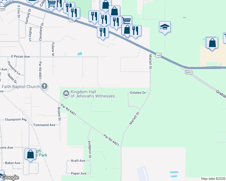 map of restaurants, bars, coffee shops, grocery stores, and more near 707-715 Elmhurst Dr in Bastrop