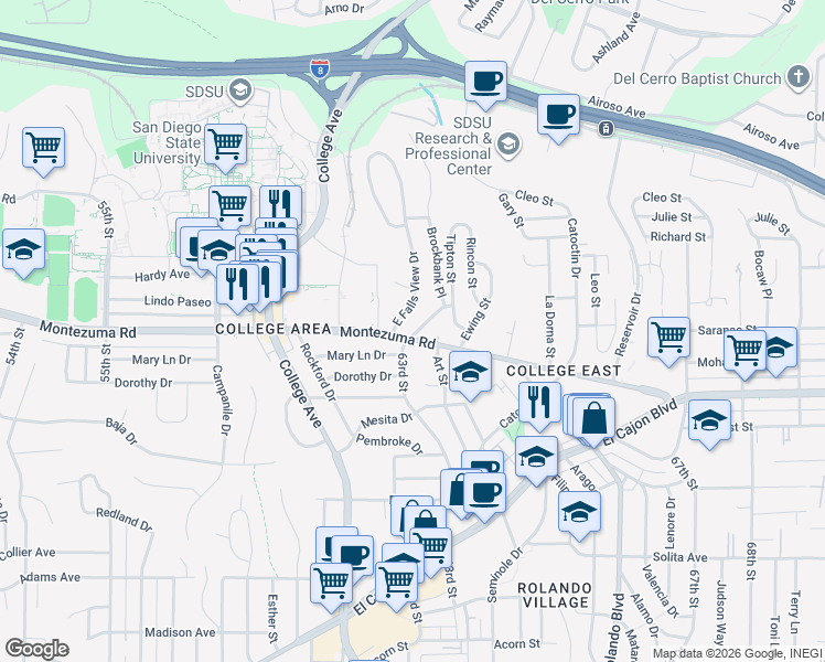 map of restaurants, bars, coffee shops, grocery stores, and more near in San Diego