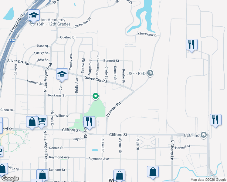 map of restaurants, bars, coffee shops, grocery stores, and more near 8117 Foxfire Lane in White Settlement