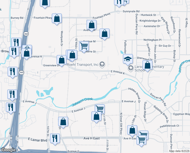 map of restaurants, bars, coffee shops, grocery stores, and more near 3001 East Avenue K in Grand Prairie