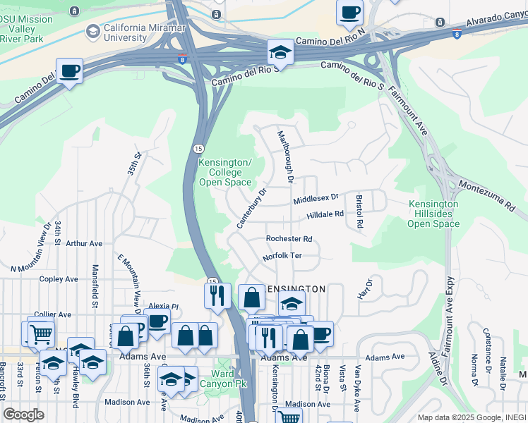 map of restaurants, bars, coffee shops, grocery stores, and more near 4109 Middlesex Drive in San Diego