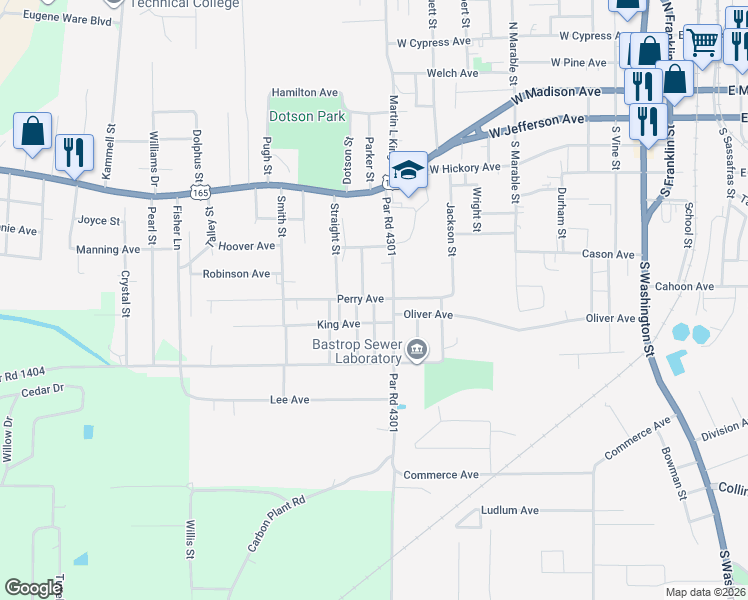 map of restaurants, bars, coffee shops, grocery stores, and more near 600 Guice Street in Bastrop
