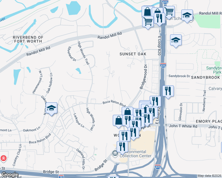 map of restaurants, bars, coffee shops, grocery stores, and more near 701 Timberview Court North in Fort Worth
