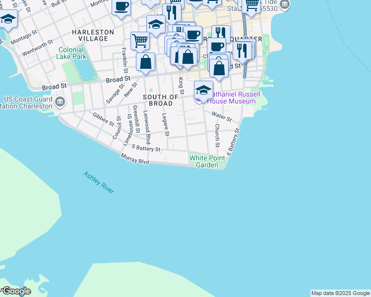 map of restaurants, bars, coffee shops, grocery stores, and more near 38 South Battery Street in Charleston