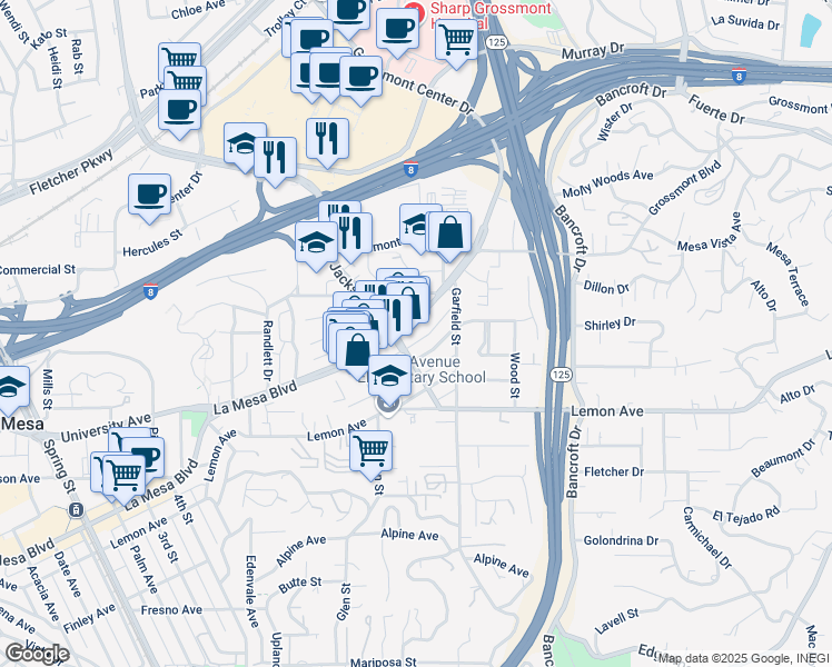 map of restaurants, bars, coffee shops, grocery stores, and more near 8809 La Mesa Boulevard in La Mesa