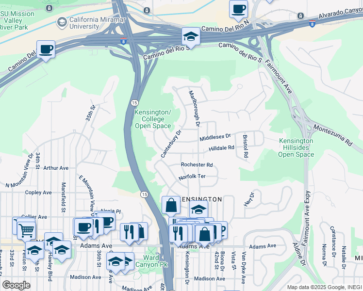 map of restaurants, bars, coffee shops, grocery stores, and more near 4076 Hilldale Road in San Diego
