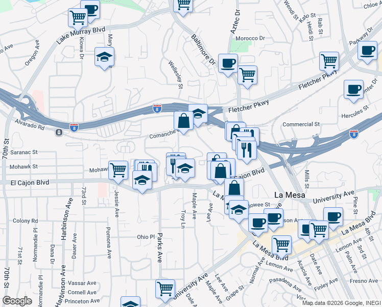 map of restaurants, bars, coffee shops, grocery stores, and more near 7735 Saranac Place in La Mesa