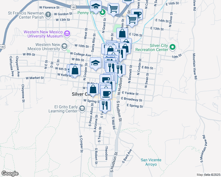 map of restaurants, bars, coffee shops, grocery stores, and more near 306 North Bullard Street in Silver City