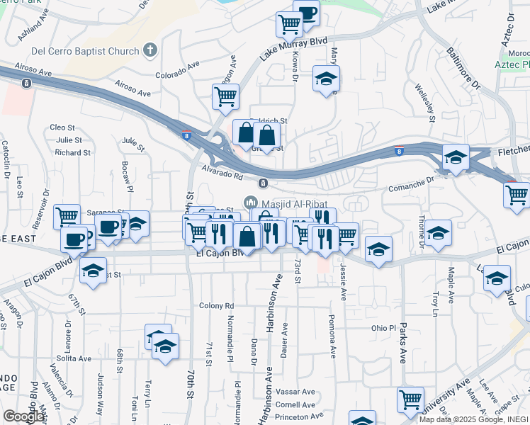 map of restaurants, bars, coffee shops, grocery stores, and more near 7223 Saranac Street in La Mesa