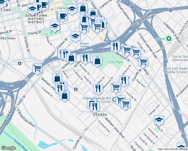 map of restaurants, bars, coffee shops, grocery stores, and more near 1500 Sullivan Drive in Dallas