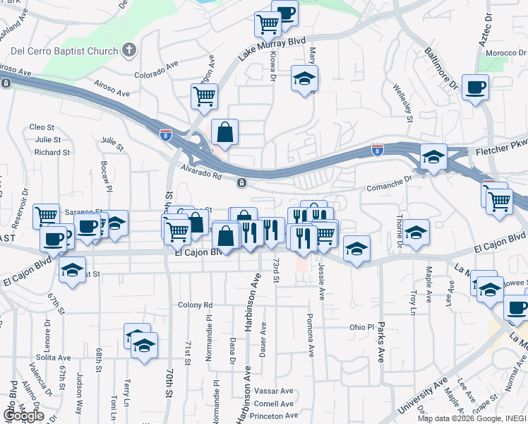 map of restaurants, bars, coffee shops, grocery stores, and more near 6975-77 Saranac Street in San Diego