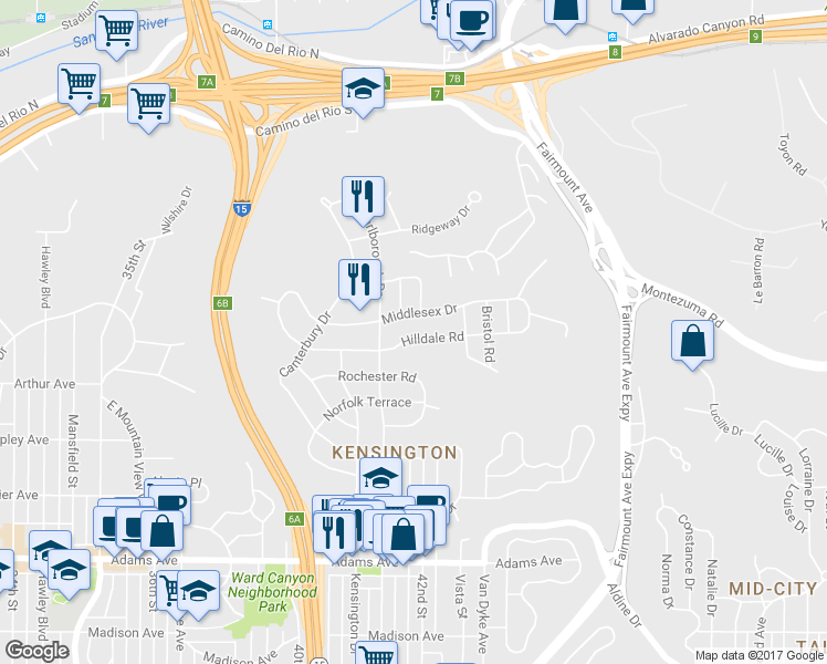 map of restaurants, bars, coffee shops, grocery stores, and more near 4180 Hilldale Road in San Diego