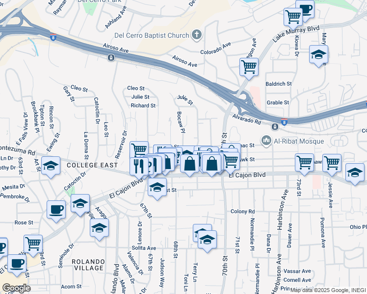 map of restaurants, bars, coffee shops, grocery stores, and more near 6880 Mohawk Street in San Diego