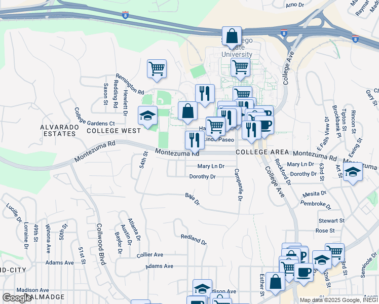 map of restaurants, bars, coffee shops, grocery stores, and more near 5500 Montezuma Road in San Diego