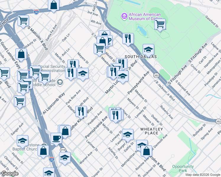 map of restaurants, bars, coffee shops, grocery stores, and more near 2922 Martin Luther King Jr Blvd in Dallas