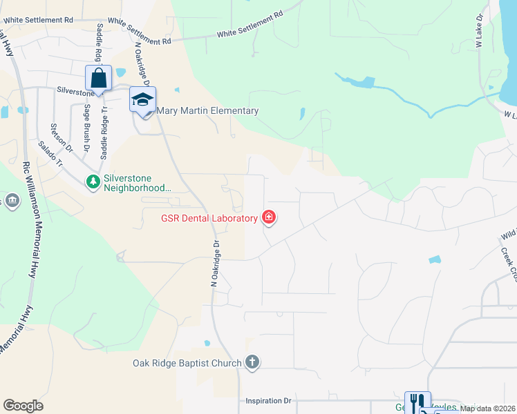 map of restaurants, bars, coffee shops, grocery stores, and more near 410 Gray Wolf Trail in Hudson Oaks