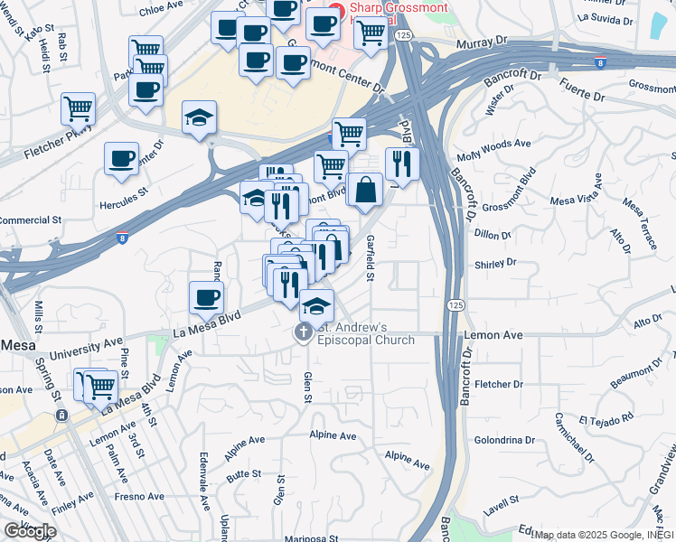 map of restaurants, bars, coffee shops, grocery stores, and more near 8809 La Mesa Boulevard in La Mesa