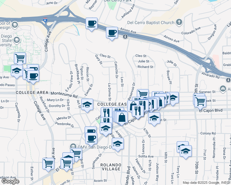map of restaurants, bars, coffee shops, grocery stores, and more near 5092 Catoctin Drive in San Diego