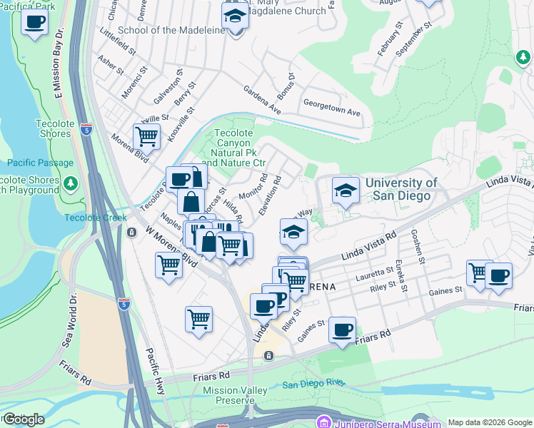 map of restaurants, bars, coffee shops, grocery stores, and more near 1389 Elevation Rd in San Diego