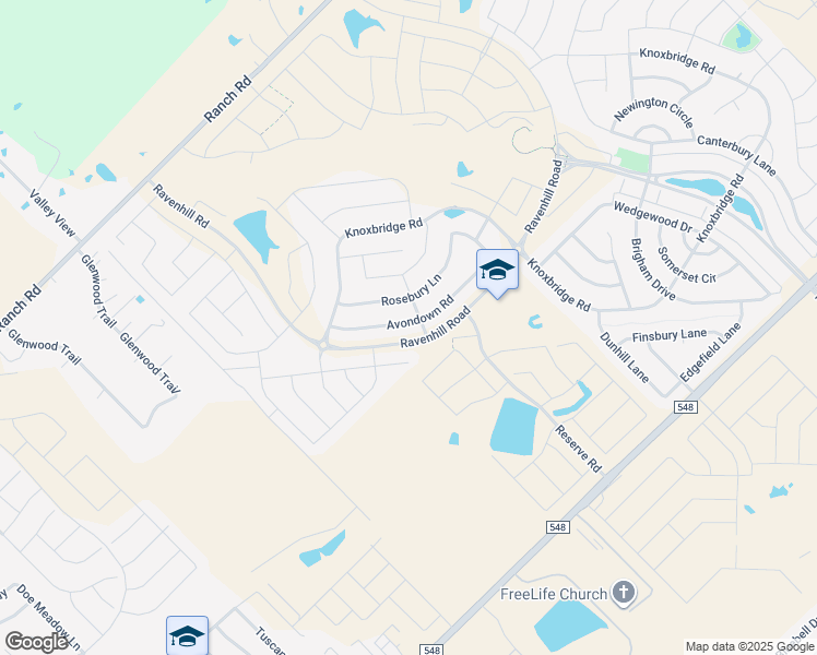 map of restaurants, bars, coffee shops, grocery stores, and more near 2055 Avondown Road in Forney