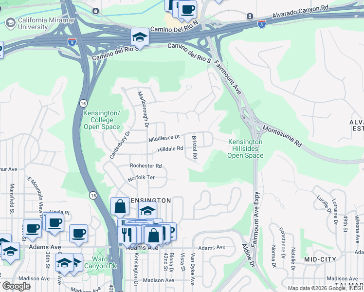 map of restaurants, bars, coffee shops, grocery stores, and more near 4237 Hilldale Road in San Diego
