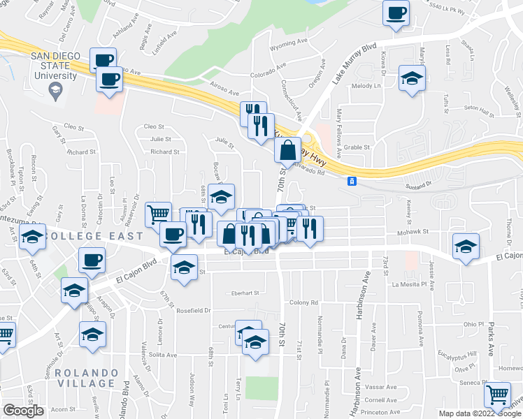map of restaurants, bars, coffee shops, grocery stores, and more near Saranac St & Manchester Rd in San Diego