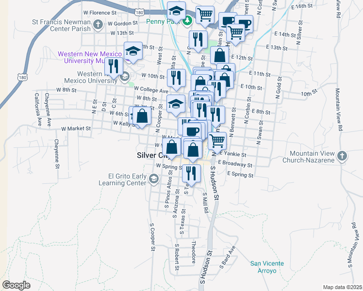 map of restaurants, bars, coffee shops, grocery stores, and more near 11 West Yankie Street in Silver City