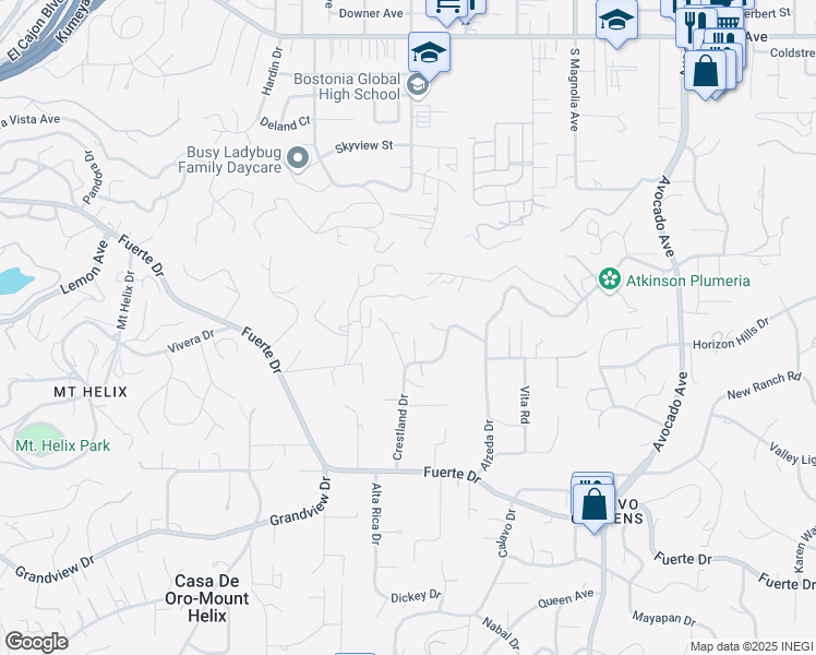 map of restaurants, bars, coffee shops, grocery stores, and more near 10610 Snyder Road in La Mesa