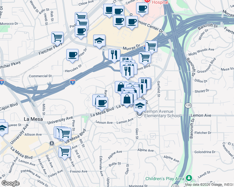 map of restaurants, bars, coffee shops, grocery stores, and more near 4929 Rosehedge Drive in La Mesa