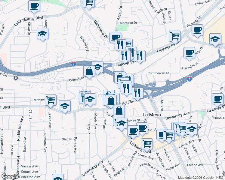 map of restaurants, bars, coffee shops, grocery stores, and more near 5055 Guava Avenue in La Mesa