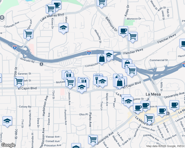map of restaurants, bars, coffee shops, grocery stores, and more near 5048 Thorne Drive in La Mesa