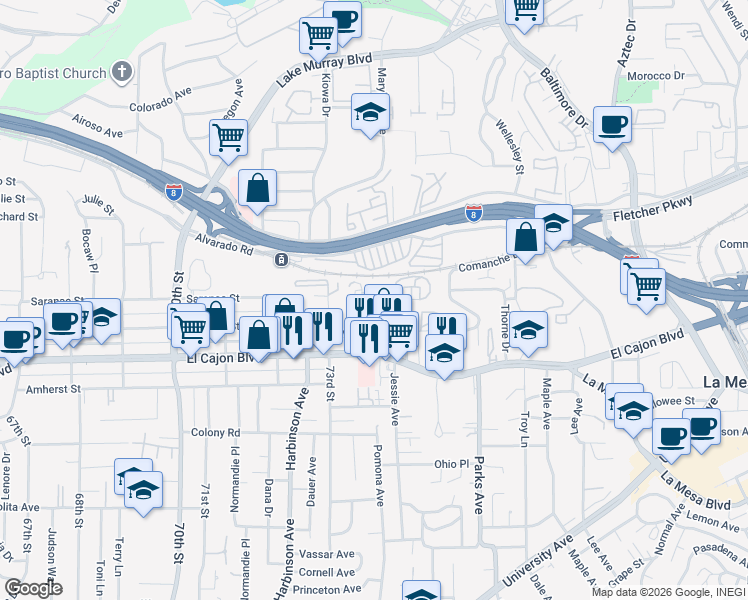 map of restaurants, bars, coffee shops, grocery stores, and more near 5042 Keeney Street in La Mesa