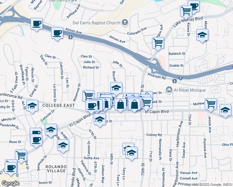 map of restaurants, bars, coffee shops, grocery stores, and more near 6880 Mohawk Street in San Diego