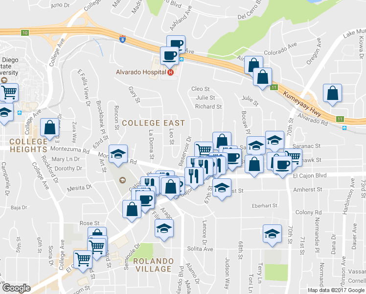 map of restaurants, bars, coffee shops, grocery stores, and more near 6614 Reservoir Court in San Diego