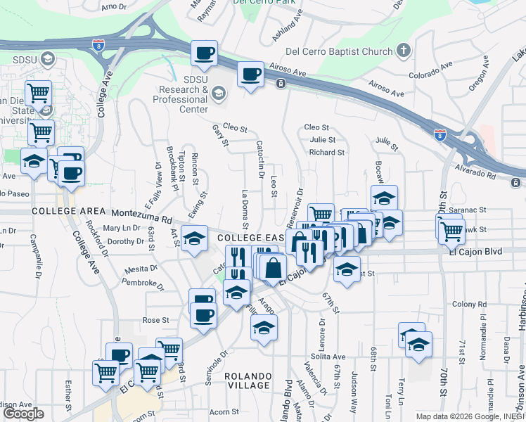 map of restaurants, bars, coffee shops, grocery stores, and more near 5045 La Dorna Street in San Diego
