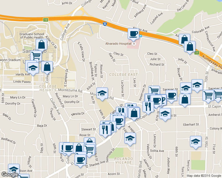 map of restaurants, bars, coffee shops, grocery stores, and more near 5045 Gary Street in San Diego